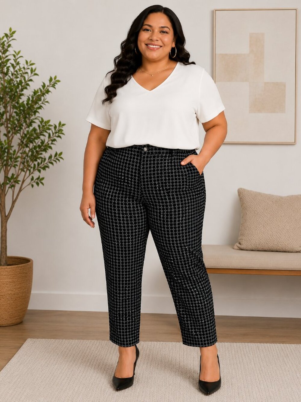 Talbots Petite Plus 16W Cuffed Ankle Pants NWT Black White Geometric Career Casu
